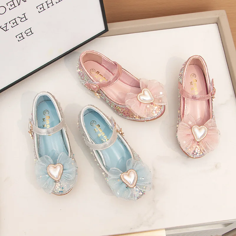 Детски обувки Mary Jane за партита и сватбени импресии, пролет 2023, нисък ток, завързана лък, блестящ пайетки, кожени обувки за момичета, просто