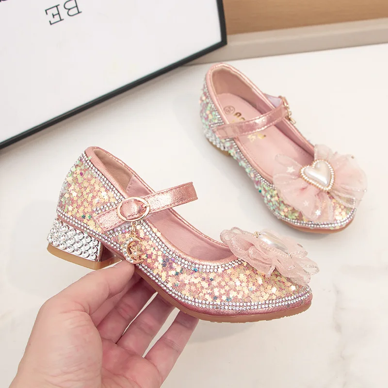 Детски обувки Mary Jane за партита и сватбени импресии, пролет 2023, нисък ток, завързана лък, блестящ пайетки, кожени обувки за момичета, просто