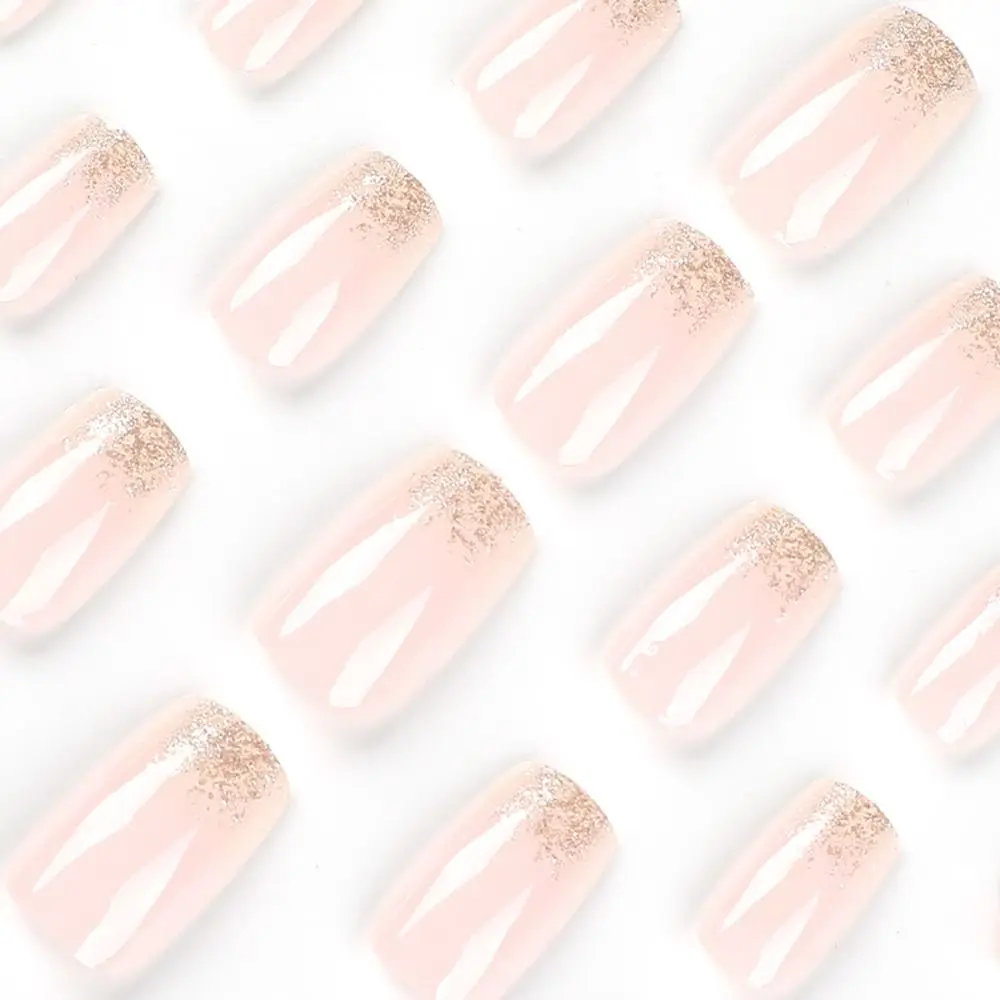 24шт Гол розов блестящ френски фалшиви нокти с пълно покритие, прес-форма за нокти, подвижни модерен маникюр с кристали