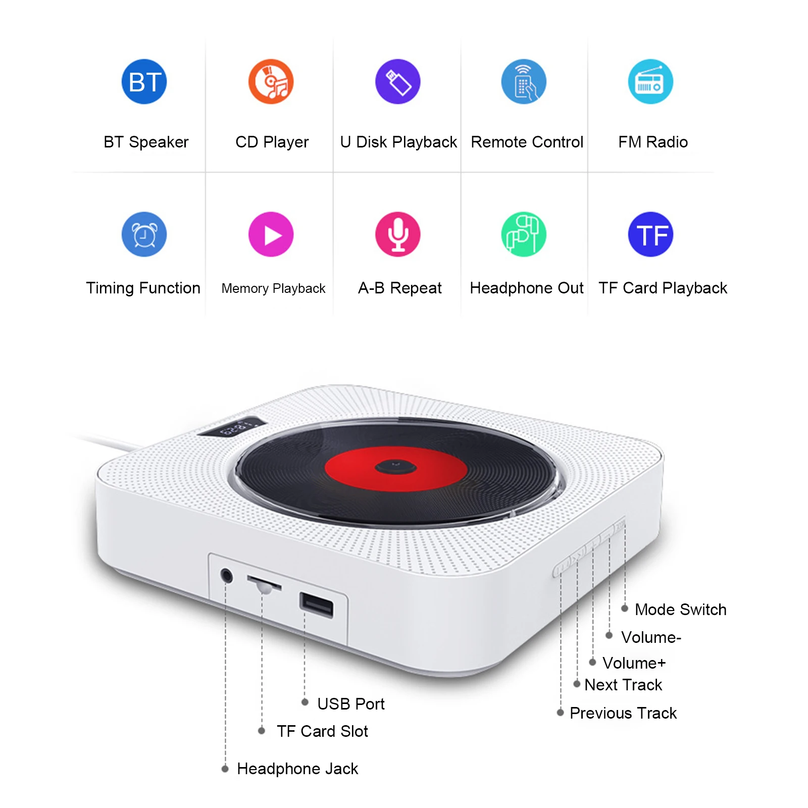 Монтиране на CD-плейър Bluetooth високоговорител с дистанционно управление FM радио TF карта, U-диск, Музикален плеър, 3.5 мм слушалки с led дисплей