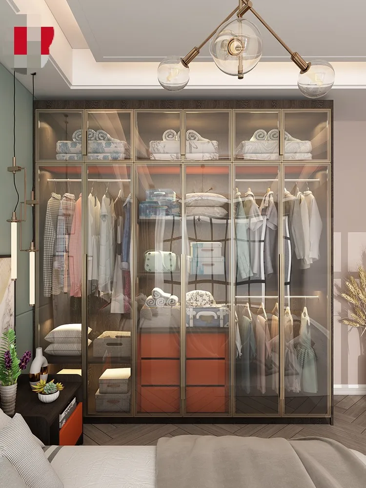 Луксозен гардероб Модерен и лесен домашен спалня Индивидуален общ шкаф, от масивно дърво със стъклена врата Комбинация тоалетни масички