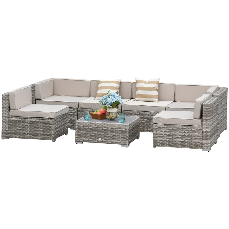 Комплект градинска мебел за двор от 7 теми, Секционни диван от плетеного от ратан от полиетилен с диванными възглавнички, подложки и масичка за кафе