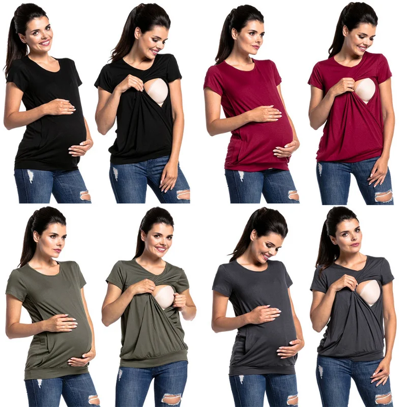 Дамски дрехи за бременни, тениска за кърмене, къс ръкав, странично дупка, Ежедневни пелерини за хранене на бременните жени