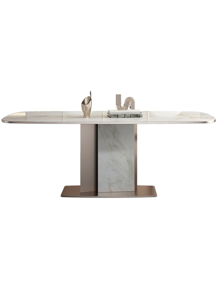 Ярък масата от каменни плочи, модерен прост луксозен правоъгълна маса от висок клас, комбинация столове