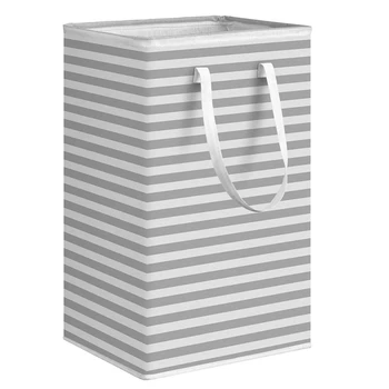 Голяма кошница за дрехи обем 3X75 л, Сгъваема кошница за съхранение на дрехи, раирана чанта за съхранение на играчки, С удължена дръжка -Сив