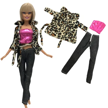 Официален NK, 3 предмет/комплект, леопардовое палто + розов топ + Дънки, с модерна риза, модерни дрехи за Барби кукли, аксесоари за кукли 1/6, играчки за кукли