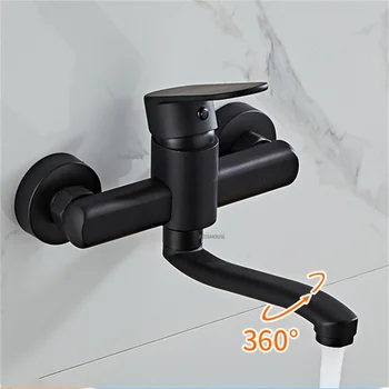 Черен смесител за кухненска мивка, месинг миксер, кран топла и студена вода с една дръжка, с монтиран на стената на чешмата за миене на басейна в баня