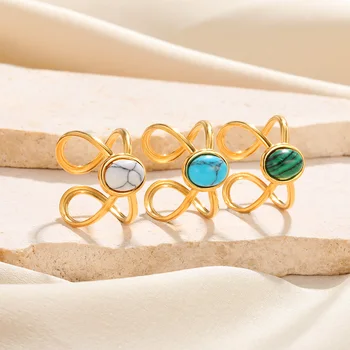 Кухи пръстени от неръждаема стомана с овални естествен камък златен цвят за жени, бижута, подарък за годишнина от сватбата