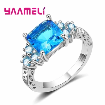 Украса на годишнина от годеж, сватбена церемония, бляскавите синьо квадратно пръстен с кристали от сребро 925 проба за жени и момичета