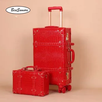 BeaSumore/ червени комплекти за багаж с колела, фабрика, дамски куфар с парола от Изкуствена кожа Крокодилска кожа, на колелото за 20-инчов салонной колички