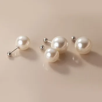 Дамски обеци La Monada сребро 925 проба за пиърсинг на ушите гланц прост голям синтетични перли, Сребърни обеци-розово за момичетата
