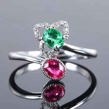 Подходящо по цвят пръстен с двойно скъпоценния камък рубин и изумруд, чаровен, с регулируем отвор и благороден блясък, сребърни бижута s925