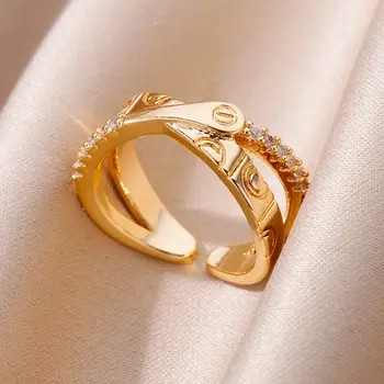 Пръстени с цирконии и кръст, за жени 2023, тенденция пръстен от неръждаема стомана, отворени сватбени пръстени златни цветове, луксозни маркови бижута, подаръци