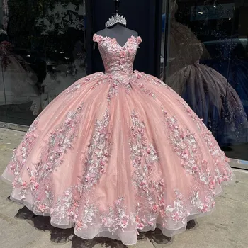 2023 Розови буйни рокли с 3D цветен аппликацией, Vestidos, сладки халат за баня с лък 16, бална рокля, рокля за бала