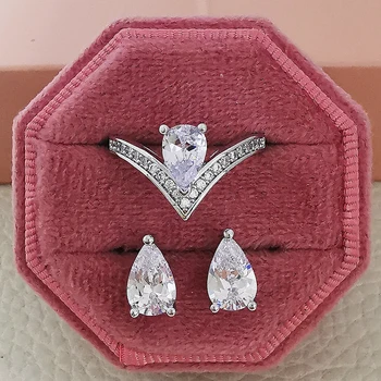комплект от 2 теми сребрист цвят, сладък Моден бижута, определени с цирконием крушовидна нарязани на годежен пръстен, обеци-на карамфил, за жени, подарък от Дубай J7226
