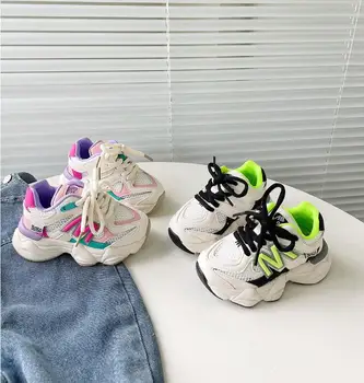 Размер 22-40, контрастная лека спортни обувки за момичета, пролетно новост 2023, мека подметка, дишаща ежедневна детска тенис обувки за момичета, обувки за татко