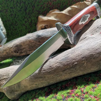 Открит ловен Прав нож за къмпинг и диви приключения - Стомана 7Cr13Mov, Цветна Дървена дръжка, с ножнами