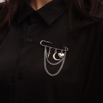 Корейската Мода Брошка-Верига с Отложено във формата на Луната, Сърца, Звезди, за Мъже И Жени, Улични Ins, Метални Отличителни Брошки-на Веригата за доставки, Модни Аксесоари
