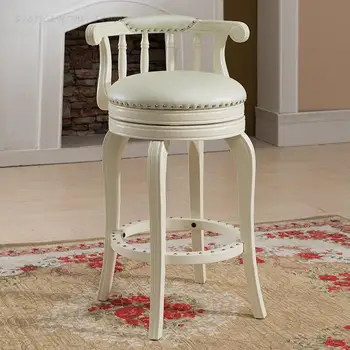 Европейският бар стол цвят слонова кост, с бял цвят от масивно дърво, въртяща се облегалка бар стол за сядане, домашен бар стол, бар стол, въртящ се стол