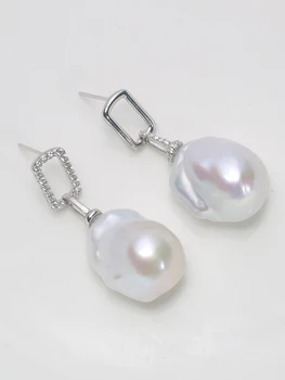 Бижута Jane от 925 сребро, 100% Естествени сладководни перли в стил барок, обици с мозайка от цирконий 15-23 мм, два стила на обличане, EAU
