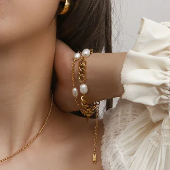 Тенденцията е Нова кубинска Верижка от неръждаема стомана, Гривни с перли в бароков стил за жени, 18-каратные позлатени Ръчни кабели, Реколтата, бижута на Едро