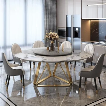 Лесен Луксозен мрамор кръгла маса за хранене в скандинавски стил с превръщането на масата, Модерен минималистичен кухненската маса в ресторанта на рамка от неръждаема стомана