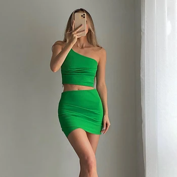BKLD 2022, летен секси зелена комплект от 2 теми, съкратен топ без ръкави с отворен гръб и мини пола-калъф, ежедневни подходящо облекло