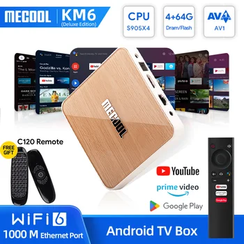 ТЕЛЕВИЗИОННА конзола с Android 10 4g 64gb MECOOL KM6 Deluxe 11 Wifi 6 Сертифициране на Google 8K 6k Voice Amlogic S905X4 1000M LAN Smart tvbox