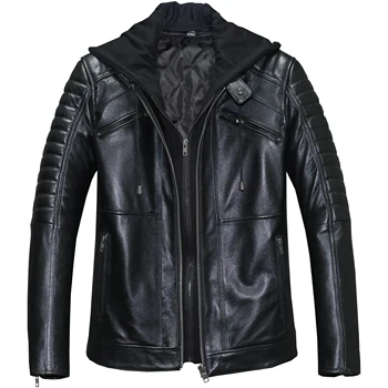 Мъжко яке от естествена телешка кожа, плюс памук качулка, мотоциклетное кожени палта, кожени якета с подвижна качулка