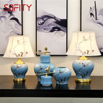 Керамични настолни лампи SOFITY Blue Luxury Bird от месинг, текстилен настолна лампа, домашен декоративна лампа за хол, трапезария, спалня