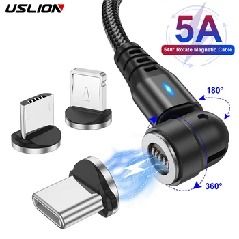 USLION 3 в 1 540 Обрат 5A Магнитен Кабел, Бързо Зареждане Micro USB Type C Кабел За iPhone Xiaomi Магнитно Зарядно Устройство на Тел USB Кабел