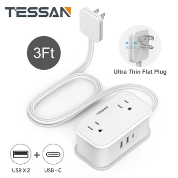 Удължител TESSAN с плоска вилица с дължина 3 метра с 4 розетки на променлив ток и 3 USB 1 USB C), Малка Преносима зарядно устройство за пътуване в дома си