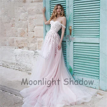 Сватбена рокля Moonlight Shadow с открити рамене, сладка апликация, без ръкави, дантела, с отворен гръб, трапециевидный струята, вкусно
