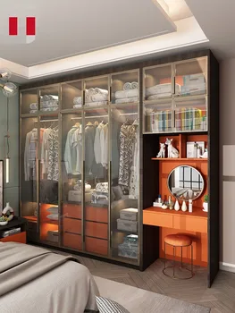 Луксозен гардероб Модерен и лесен домашен спалня Индивидуален общ шкаф, от масивно дърво със стъклена врата Комбинация тоалетни масички