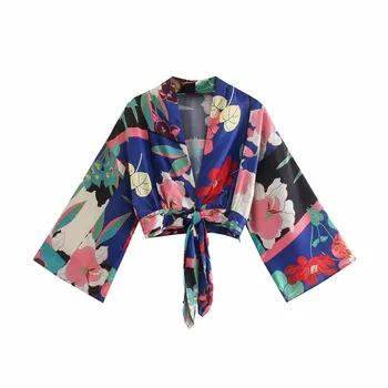 ZA 2021, укороченная блуза с флорални принтом и завязками, дамски реколта лятна риза с къс ръкав и V-образно деколте, модни дамски блузи с присборенным подолом