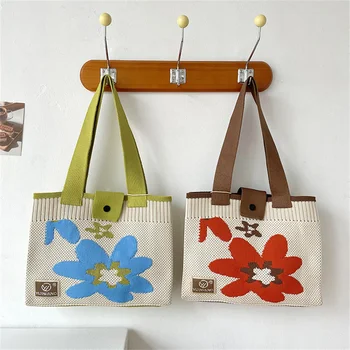 Дамска чанта с цветя модел, чанти на китката, дизайнерска чанта в контрастен цвят, дамски ежедневни тъканта, чанта за пазаруване, училищна чанта през рамо