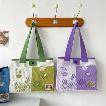 Дамски плетени калъф чанта за рамо с цветя, дамска чанта, ежедневни чанти-тоут, литературен чанта за книги, вълнена сгъваема чанта за пазаруване за момичета