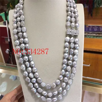 Новият натурален сив сладководни перли в стил барок 9-10 мм, 3-редово перлена огърлица 20 инча