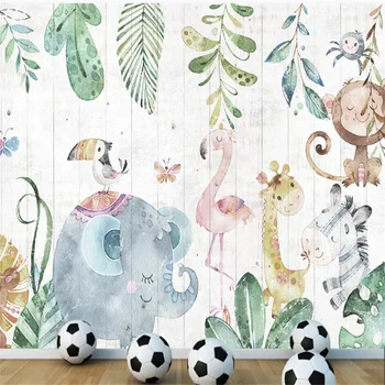 wellyu Ръчно рисувани горски животни, древесное зърно, дърво, детска стая, телевизор, диван, фонова стена, големи стенни тапети по поръчка
