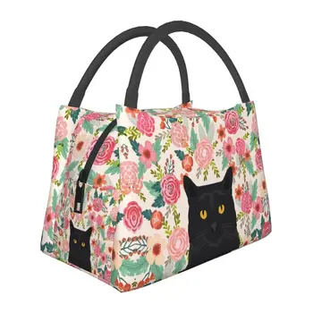 Изработена по поръчка чанта за обяд с цветен модел, порода Черна котка, жена термоохладитель, изолиран за обяд, кутия за пикник, къмпинг, работа, пътуване