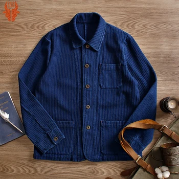 Мъжко яке-карго индиго, реколта тежък памучен работно облекло, която е боядисана в син цвят, яке за инструменти, френски ретро жилетка с множество джобове, палто