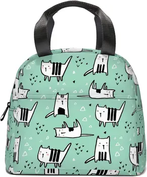 Светло зелен обяд-бокс в лента с изображение на котка, чанта за обяд с геометричен принтом, Множество чанта-хладилник С джобове Чанта-хладилник за обяд