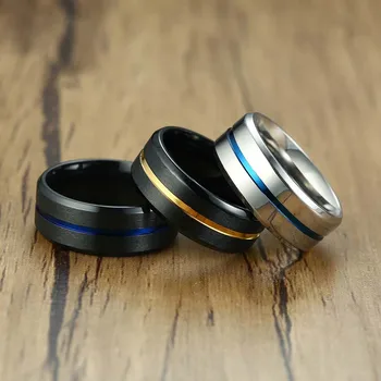 8 мм-секси мъжко черно синьо пръстен от волфрам карбид Годежен пръстен с нагънат матово покритие Удобни за засаждане на бижута