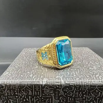 Мъжки пръстен с кристали от титанов стомана, покрити с синьо лед