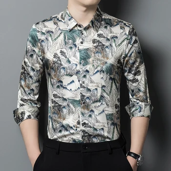 Китайската Стилна Коприна Мъжка Риза с Натурален Принтом, Дълъг Ръкав, Свободна, Луксозна Лятна Качествена Удобна Ежедневна Риза Homme M-4XL