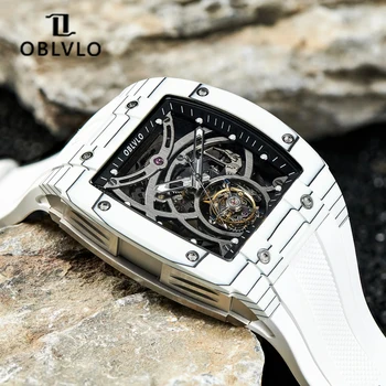 OBLVLO, бели механичен мъжки часовник с корпус от въглеродни влакна, летящи часовници с турбийоном, мъжки светещи водоустойчиви часовници