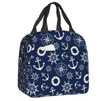 Тъмно синя утепленная чанта за обяд с котви в морски стил за къмпинг, за пътуване, водоустойчив охладител, термален обяд-бокс, дамски, детски чанти за хранене