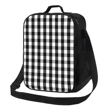 Черно-бели карета каре изолирани обяд чанта за жени шаблон за проверка на chiller топлинна обяд-бокс офис пикник пътуване