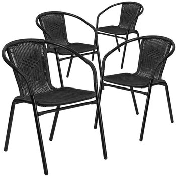 Флаш Мебели 4 Опаковки Черен Ратан За заведение на закрито и на открито, столове за тераса, Градинска Мебел, Градински стол