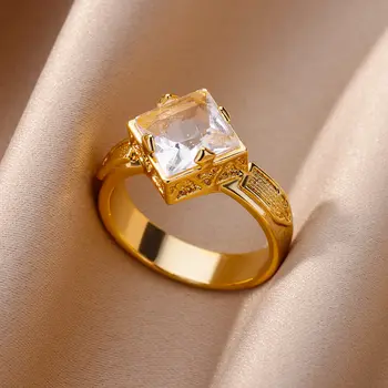 Пръстен с камък циркон за Жени, Луксозно пръстен от неръждаема Стомана Златист цвят, Трендови романтични сватбени декорации 2023 година, аксесоари